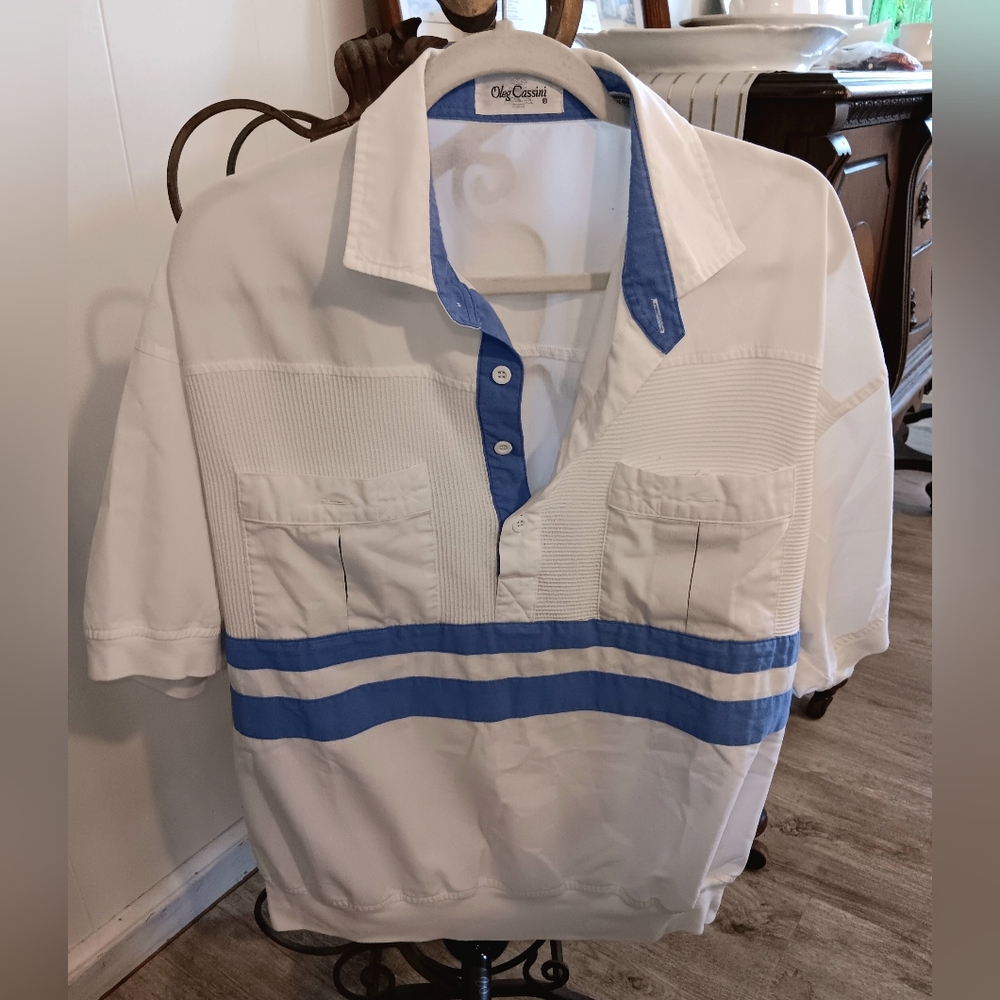 Vintage Oleg Cassini Pullover Shirt Two Pocket Vertical Stripe Womens Large